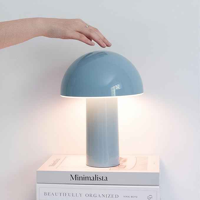 Brightech Celia Small Lamp – 10" Touch-Controlled Mushroom Table Lamp, Cordless & Dimmable LED, Portable & Rechargeable Bedside Night Light, Sustainable Recycled Modern Lamp for Home Décor, Light Blue