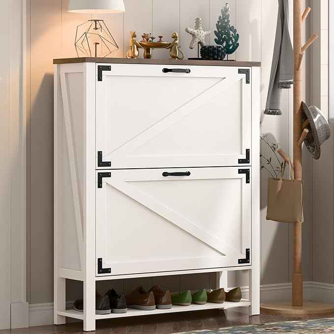 Vabches Shoe Storage Cabinet, 5-Tier Farmhouse Freestanding Organizer with 2 Flip Drawers, Wooden Shoes Rack Cabinets Storage Organizer with Doors for Entryway, Hallway, Closet, Rustic White