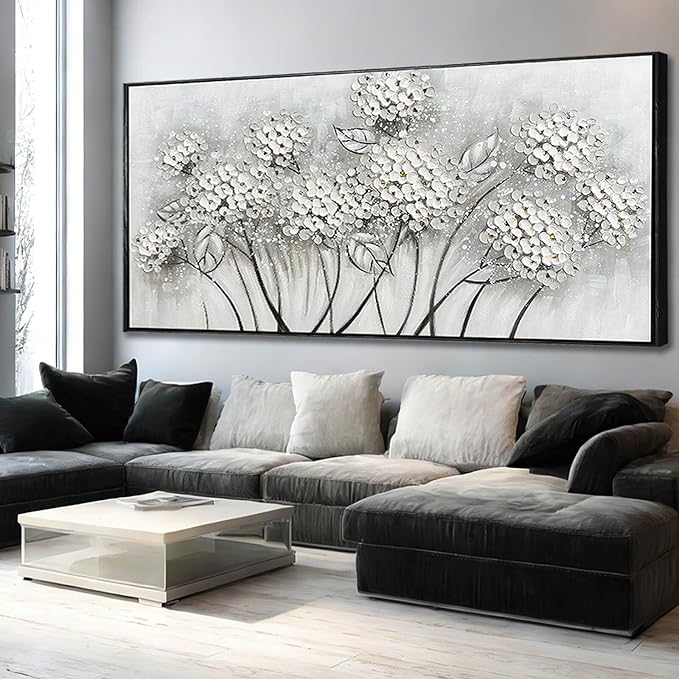 Kureful Grey and White Hand Painted Wall Art Flower Canvas Artwork Contemporary Oil Paintings 40"x86" Decorations for Bedroom Office
