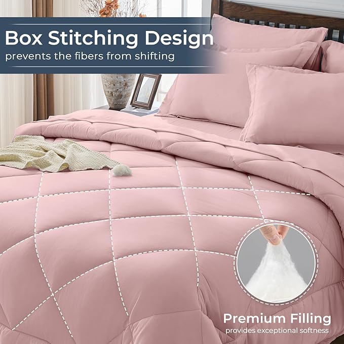 HEVUMYI Dusty Pink King Comforter Set - 7-Piece All Season Bed in a Bag King, Ultra Soft Bedding Set with Comforter, Flat Sheet, Fitted Sheet, Pillowcases, Pillow Shams