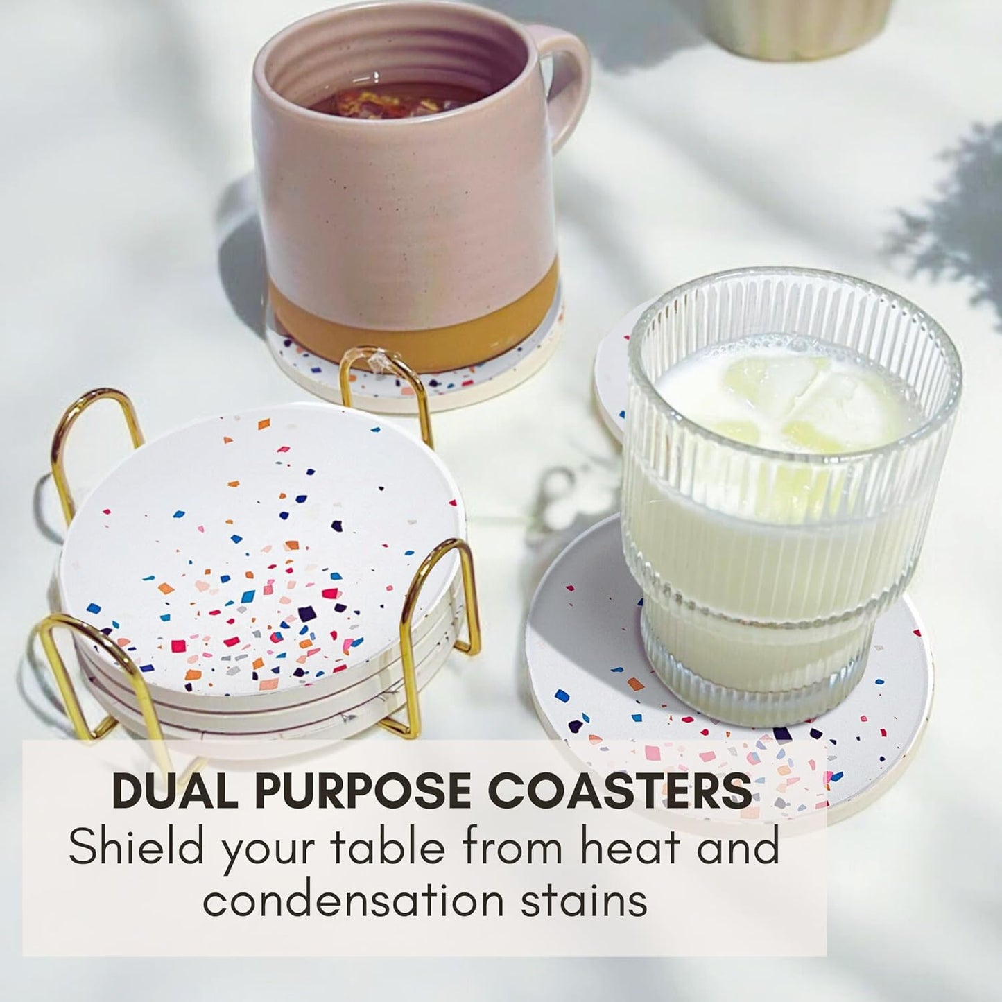 Terrazzo Drink Absorbent Coasters with Holder Set of 6, Ceramic Coaster for Drinks, Coffee Table Decor, Water Absorbing Stone Coaster for Drinks (Color Burst)