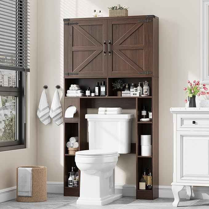 Vabches Over The Toilet Storage Cabinet, Farmhouse Storage Cabinet Over Toilet with 2 Barn Doors ，Toilet Paper Holder Stand，Home Space-Saving Toilet Rack, for Laundry, Restroom, Bathroom.Espresso.