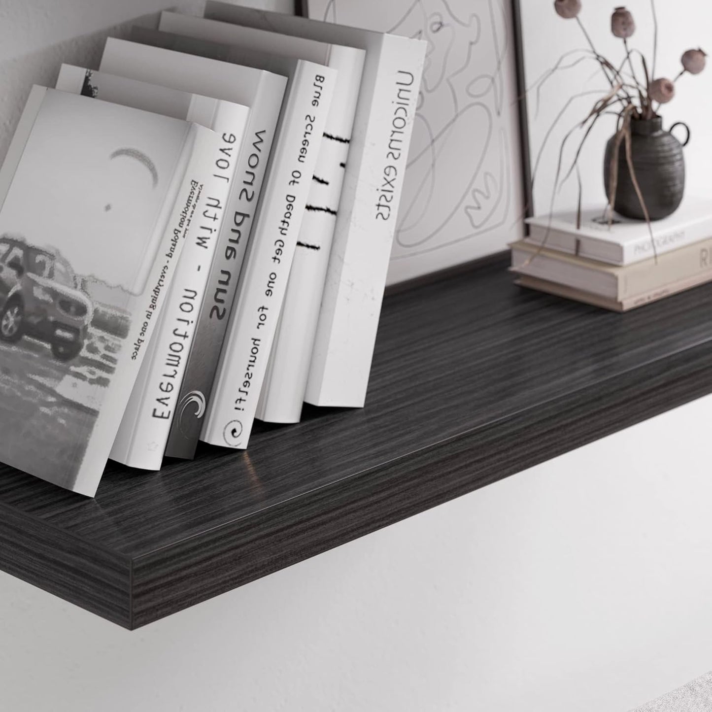 Floating Shelf, Set of 2 Wall Shelf, 24 in W x 12.75 in D x 2 in H Wooden Floating Wall Shelf with Invisible Brackets for Living Room/Bedroom/Bathroom/Kitchen Storage and Decor, Black Wood