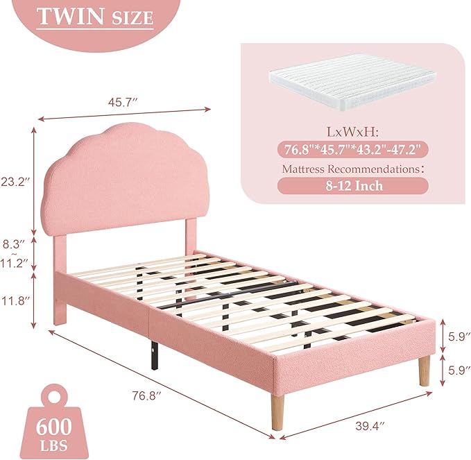 VECELO Twin Size Bed Frame, Upholstered Platform Bedframe with Height Adjustable Plush Fabric Headboard, Strong Wood Slat Supports, No Box Spring Needed, Pink