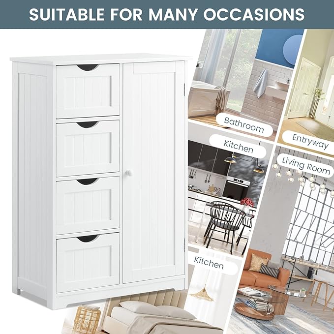 COSTWAY Bathroom Storage Cabinet, Wooden Storage Cupboard Organizer with 4 Drawers & Adjustable Shelf, Modern Floor Cabinet for Living Room, Bathroom, Kitchen, Entryway (White)