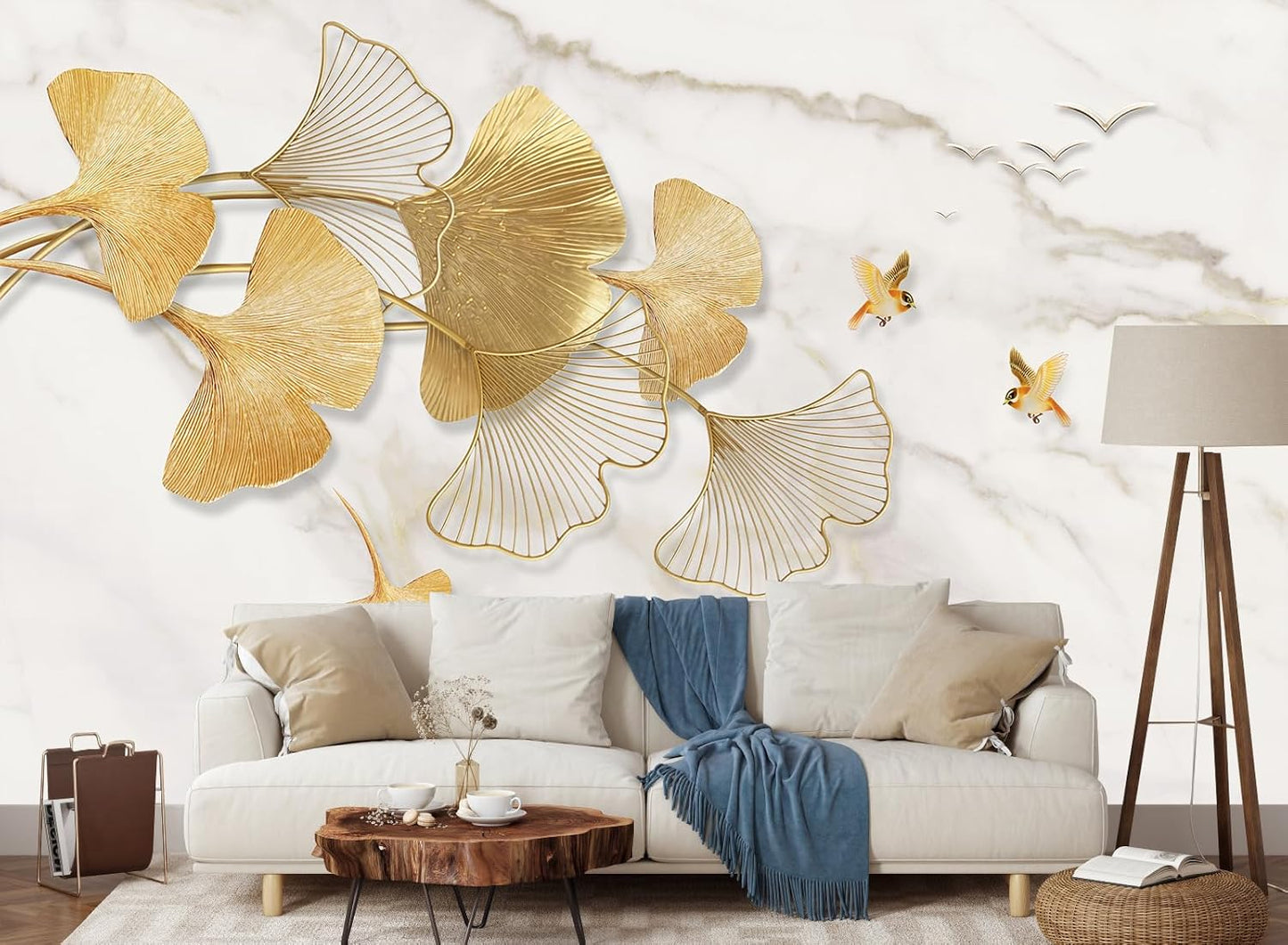 Golden Ginkgo Leaves Wall Mural Fake Marble Wallpaper for Bedroom Living Room (Not Peel n' Stick)