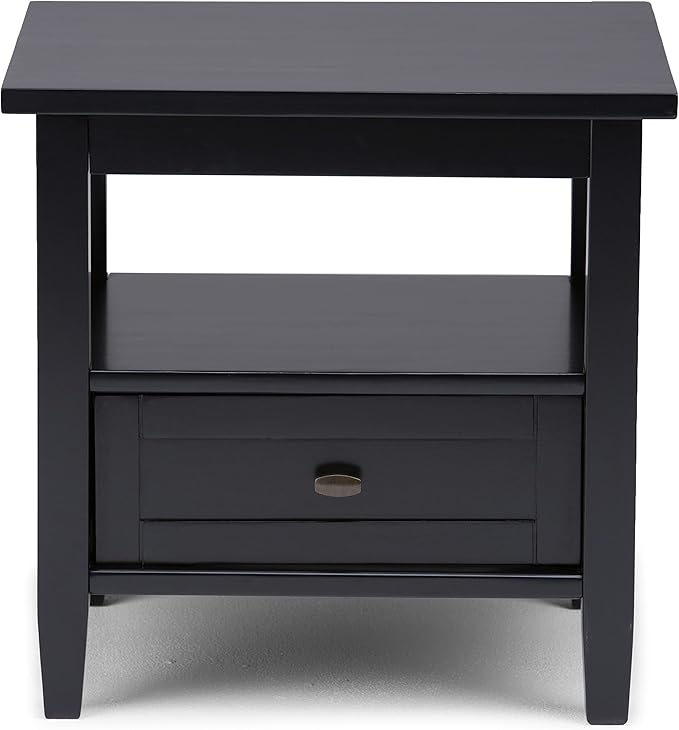 SIMPLIHOME Warm Shaker End Table - 20 inch Wide Solid Wood Side Table in Black, Transitional Accent Table for Living Room or Bedroom with Drawer, Open Shelf and Square Tapered Legs