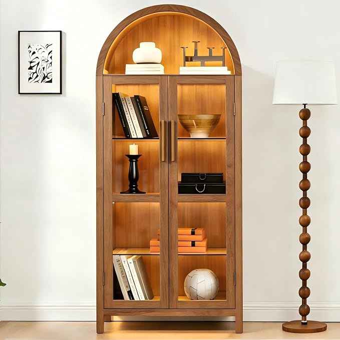 Arched Storage Cabinet with Glass Doors, Wood Display Cabinet with Adjustable Shelves and LED Lighting, 67H x 30W x 15.5D Inches, Modern Retro Style Kitchen Cabinet