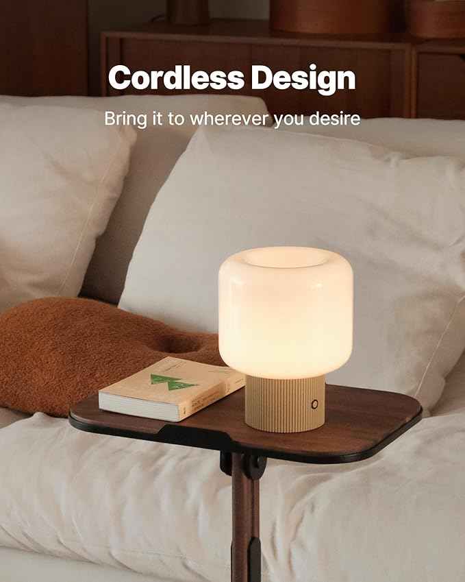 Halo Mushroom Lamp, 5W Cute Cordless Rechargeable Table Lamp with Glass Shade, 3 Color Temps LED Dimmable Ambient Lighting, Small Retro Touch Bedside Light for Bedroom Decor, Mustard Yellow
