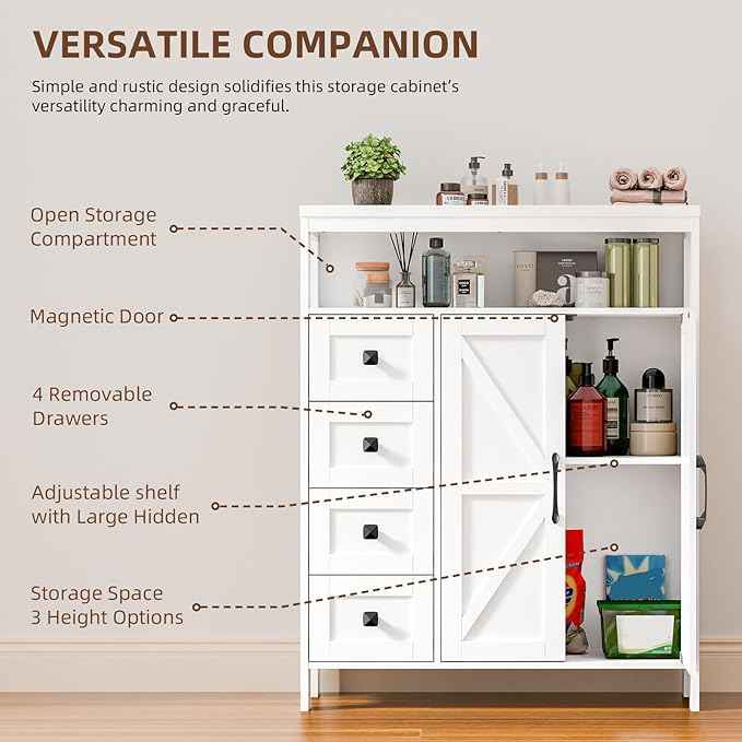 Vabches Farmhouse Storage Cabinet with 2 Doors and 4 Drawers, Freestanding Bathroom Compartment Kitchen Pantry Cabinet, Floor Cupboard for Kitchen/Living Room/Bathroom,White