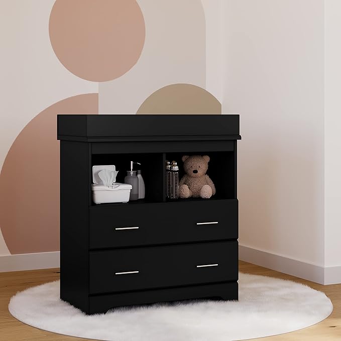 Storkcraft Brookside 2 Drawer Changing Table Dresser (Black) – GREENGUARD Gold Certified Baby Dresser with Changing Table Top, Baby Changing Table Dresser, Includes Interlocking Drawer System
