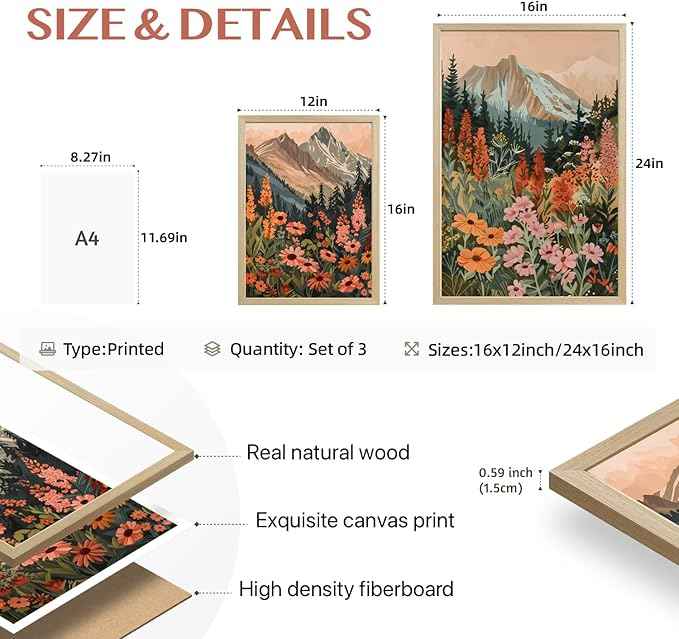 Cyebmo Mountain Wildflower Wall Art Set of 3, Sunset Daisy Flower Wall Decor, Colorful Wildflower Canvas Painting, Nature Botanical Landscape Artwork for Bedroom Living Room Wood Framed 16x24 Inch