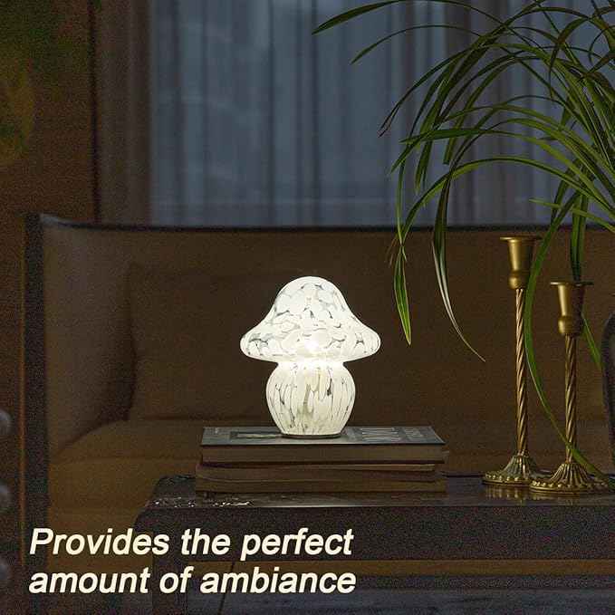 Mushroom Lamp Glass Mushroom Table Lamp for Bedrooms, Living Room, Aesthetic Lamps for Bedroom, Cute Bedside Lamp（White Dot）