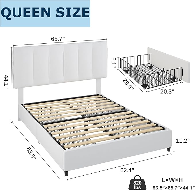 VECELO Queen Size Bed Frame with 4 Storage Drawers, Adjustable Height Headboard, Heavy-Duty Platform Bedframe with Strong Wooden Slats, No Box Spring Needed, Pure White