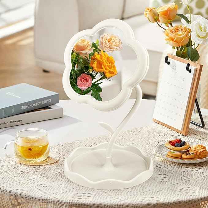 Desk Mirror, Desk Flower Compact Adjustable Vanity Mirror, Office Cubicle with Jewelry Tray & Foundation Brush, Cute Makeup Mirror with Standing, Home Decor for Bedroom Living Room Dormitory(White)