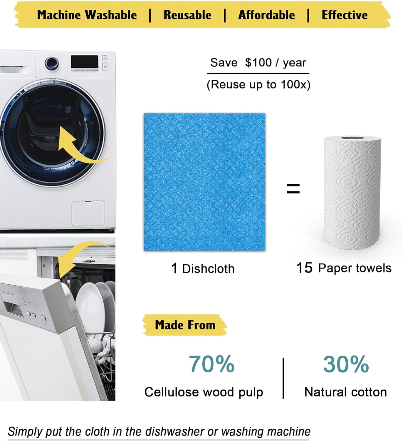 Swedish Dishcloths for Kitchen | 6 Pack Absorbent Cellulose Sponge Cloths Washable | Non-Scratch Reusable Paper Towels Quick Drying Cleaning Cloths - Blue