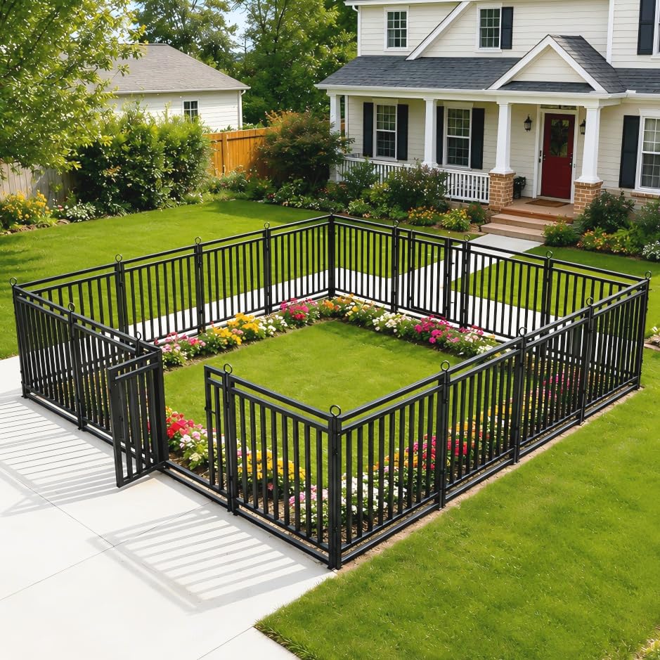 18ft (L) × 47in (H), 7 Panels & 1 Gate Garden Fence, Durable Outdoor Yard Barrier, Secure Garden Fencing, Weather-Resistant Fence for Privacy & Decoration, Black-Silver