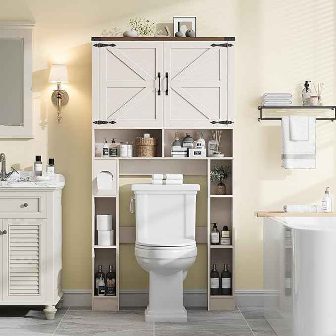 Over The Toilet Storage Cabinet, Farmhouse Storage Cabinet Over Toilet with 2 Barn Doors ，Toilet Paper Holder Stand，Home Space-Saving Toilet Rack, for Laundry, Restroom, Bathroom
