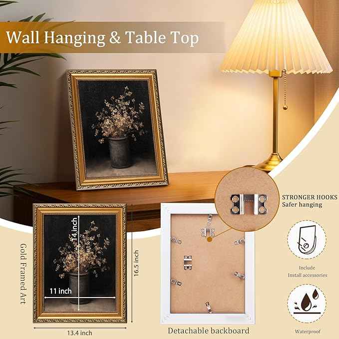 uniro Vintage Gold Framed Wall Art for Home Decor, Moody Floral Canvas Art Prints Painting for Fall Wall Decor, Retro Fall Dried Flowers Vase Wall Painting, Rustic Botonical Still Life Autumn Frame Art for Bedroom, Gallary, Living Room, Office- 11x14Inch