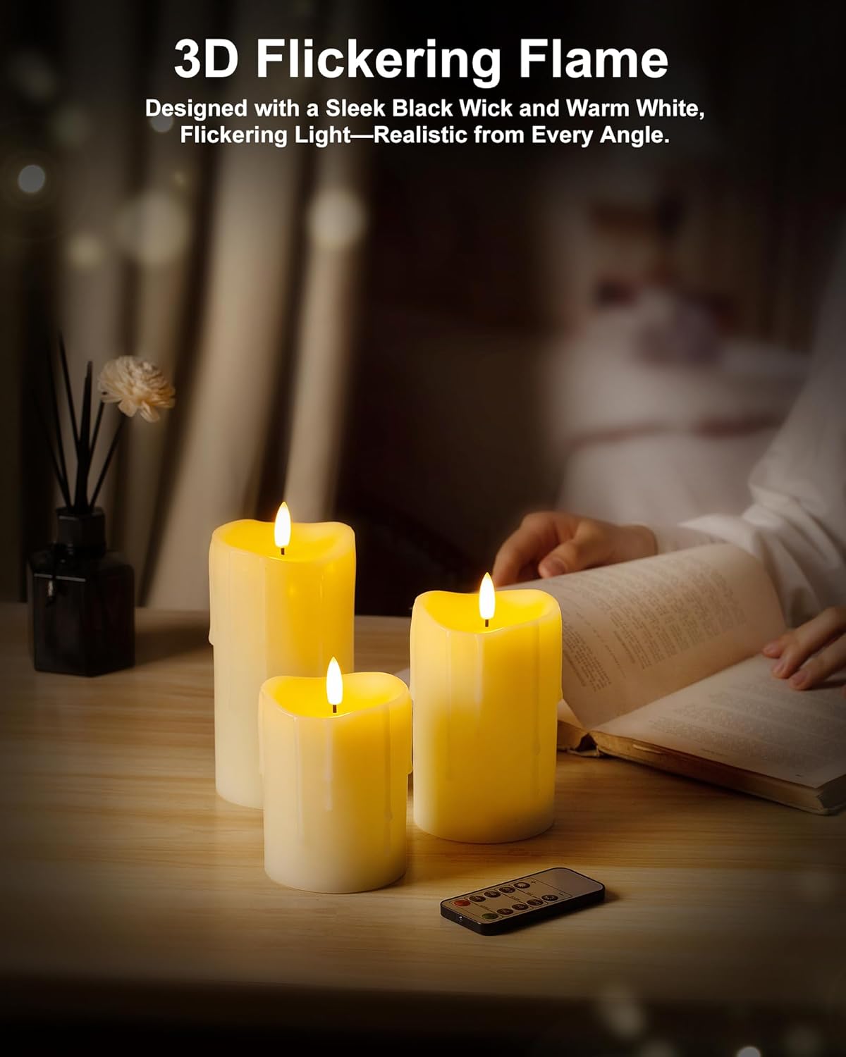 Ivory Flameless Candles with Remote and Timer, Real Wax Made Wax Drip LED Pillar Candles Battery Operated with 3D Flickering Flame Melted Top - 3" x 4", 3" x 5", 3" x 6" - Set of 3