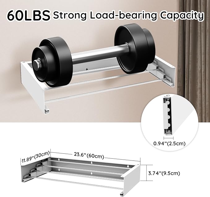 Laundry Drying Rack Collapsible,Wall Mounted Clothes Drying Rack Foldable,Indoor Drying Rack Clothing- 23.6"" Wide 4 Aluminum Rods 60lb Capacity with Wall Template,Screw,Drill Bit