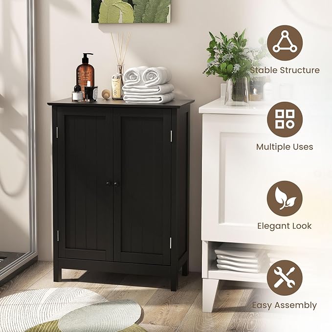 COSTWAY Bathroom Storage Cabinet, Freestanding Bathroom Organizers and Storage with Doors & Adjustable Shelf, Wooden Floor Cabinet for Home, Living Room, Entryway, Kitchen (Black)
