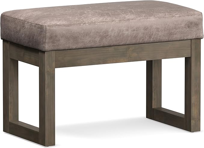 SIMPLIHOME Milltown Small Ottoman Bench - 27 inch Wide Upholstered Vegan Leather Rectangle Footstool Ottoman in Distressed Grey Taupe, Contemporary Bench for Bedroom with Cushioned Seat, Assembled