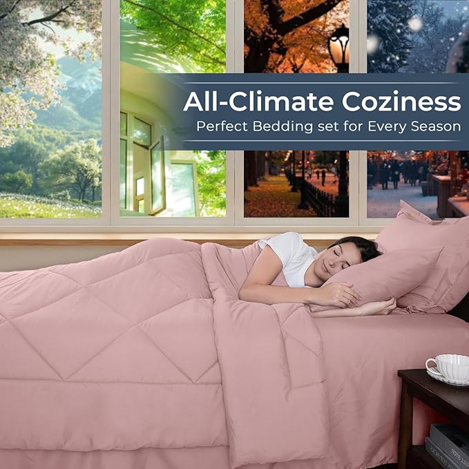 HEVUMYI Dusty Pink Twin Comforter Set - 5-Piece All Season Bed in a Bag Twin, Ultra Soft Bedding Set with Comforter, Flat Sheet, Fitted Sheet, Pillowcases, Pillow Shams
