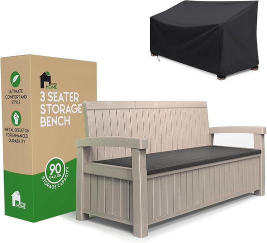 EconoHome 3 Seat Outdoor Storage Bench with Rain Cover - 90 Gallon Capacity - Weatherproof Resin Bench for Patio, Porch, Garden, Yard, Pool Area - Furniture for Pool Accessories, Gardening Tools