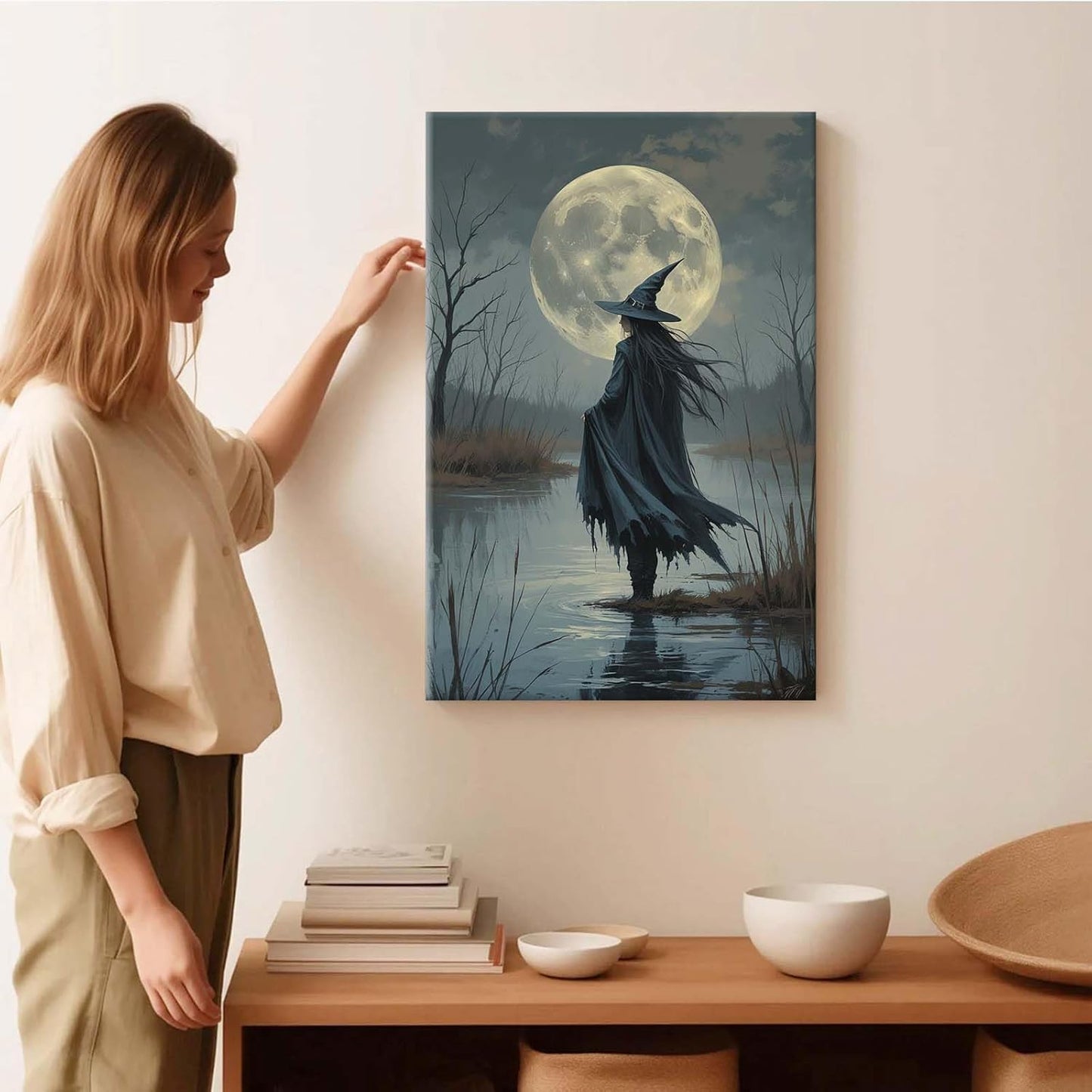 Witch in the moonlight magic canvas wall art enchanting Halloween home decor swamp witch silhouette oil painting mysterious gothic aesthetic wall decor print poster12x16in Wood Framed