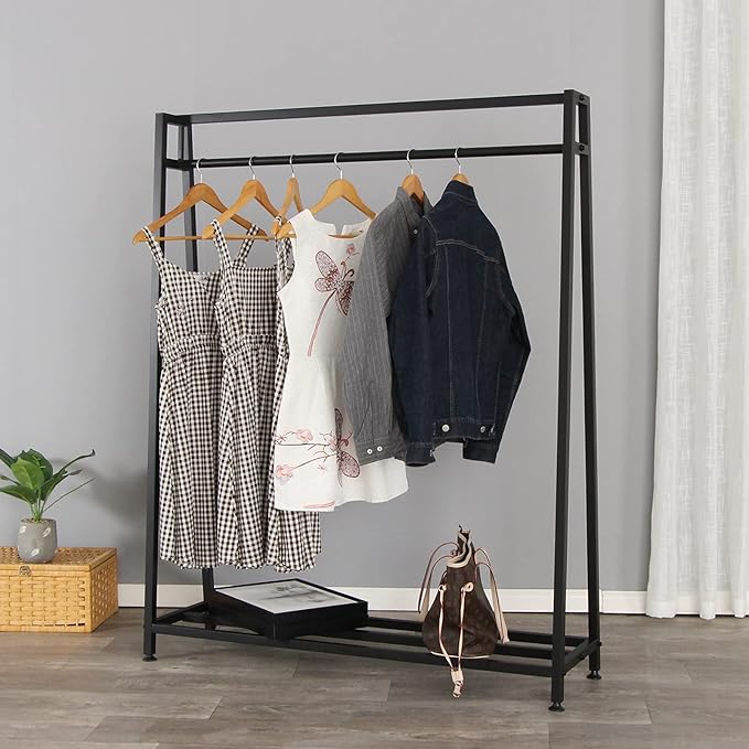 SSS Furniture Clothing Garment Rack with Shelves, Metal Cloth Hanger Rack Stand Clothes Drying Rack for Hanging Clothes, Easy Assemble Clothing Rack for Bedroom or Boutiques(Black)