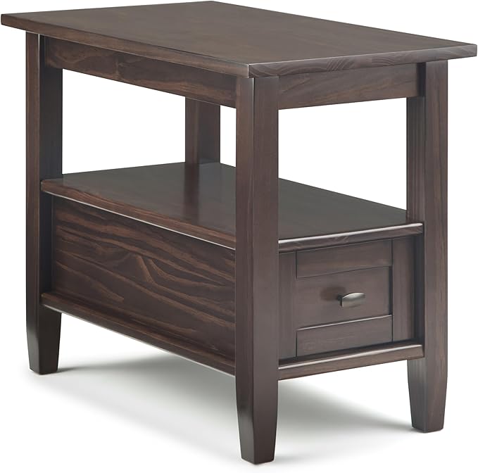 SIMPLIHOME Warm Shaker End Table - 14 inch Wide Solid Wood Narrow Side Table in Tobacco Brown, Transitional Accent Table for Living Room or Bedroom with Drawer, Open Shelf and Square Tapered Legs
