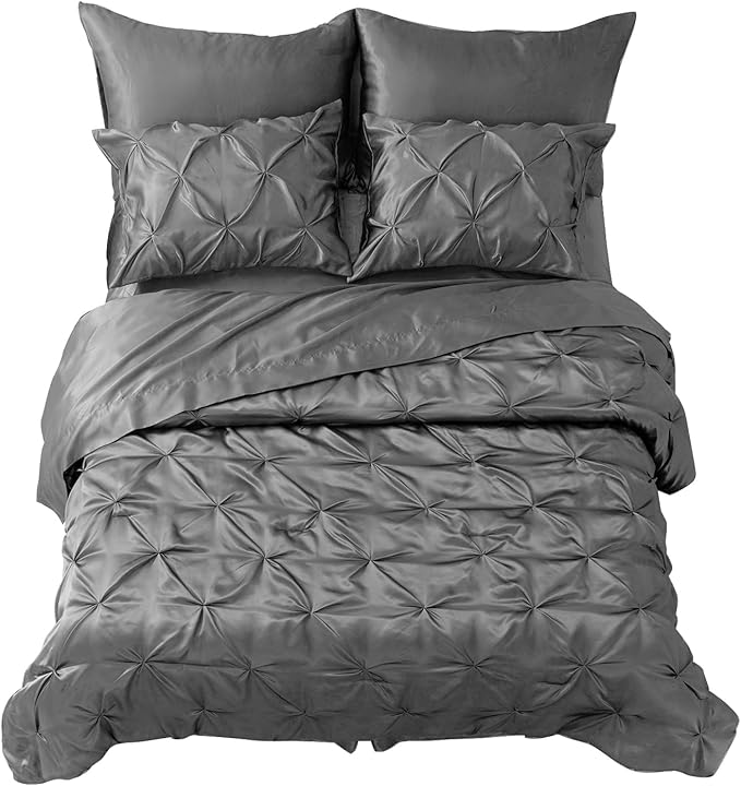 MR&HM Satin Comforter Twin XL 5 Pieces - Luxurious Pinch Pleat Bedding Set with Comforter, Flat Sheet, Fitted Sheet, Pillowcase & Sham, Super Silky Soft Bed Set for All Season (Twin XL, Dark Grey)
