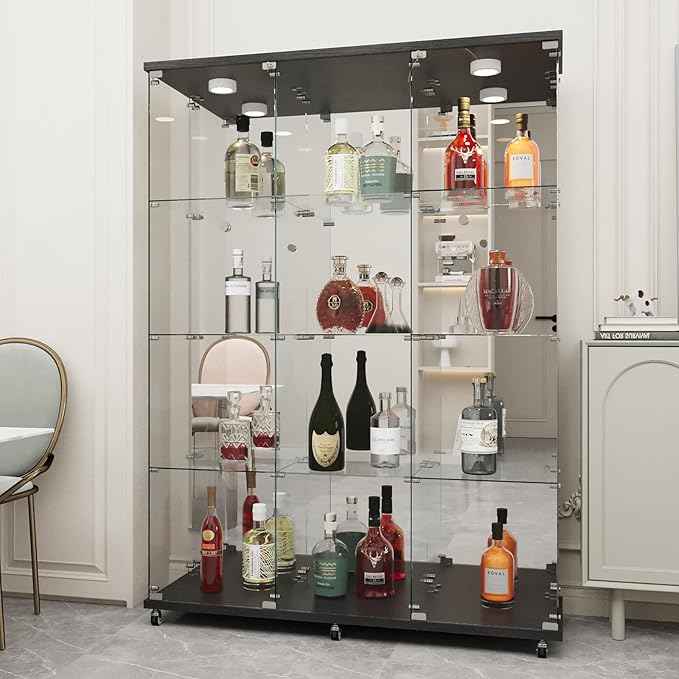 Beauty4U Glass Display Cabinet with LED Lights and Mirror, Extra Large 3 Columns 2 Doors Curio Cabinets with 12 Shelves for Living Room, Bedroom, Office, Black Floor Standing Bookshelf