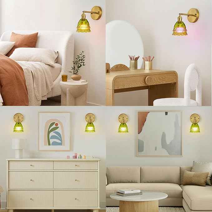 PASSICA DECOR Vintage Battery Operated Wall Sconces Set of 2 - Wireless Remote Control LED Wall Lights, Rechargeable USB-C, Dimmable 15 Colors, No Wiring, Lily Green Glass Shade Bedroom Kitchen