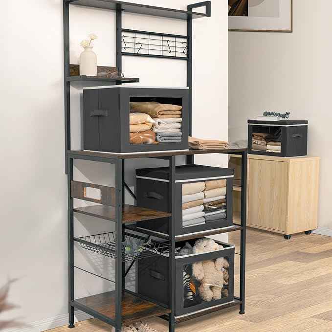 Stackable Storage Bins with Lids - Large Storage Box with Lids, Foldable Closet Boxes for Organizing, Wardrobe Clothes Organizer with Window, Cubes Bins for Living Room, 6 Pack, Dark Grey