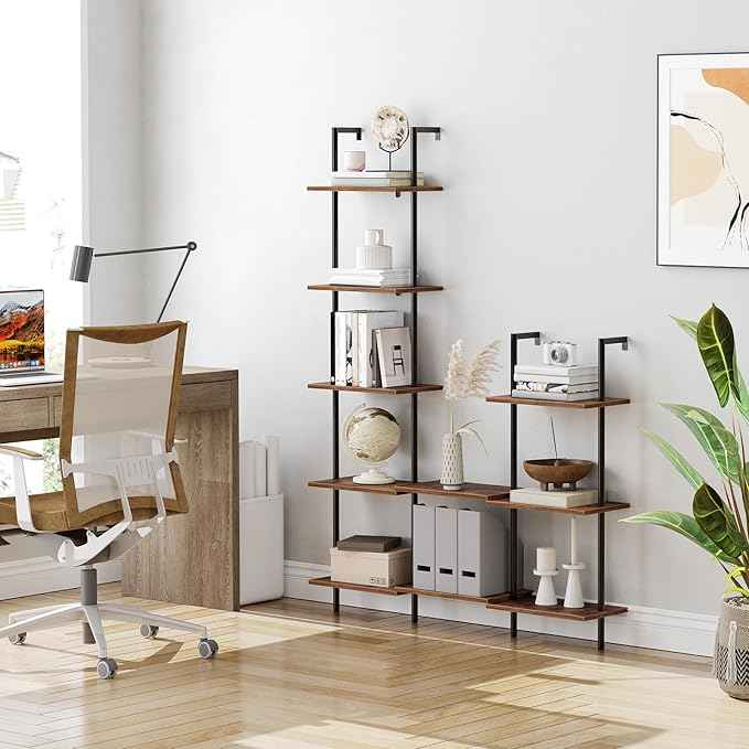 HOOBRO DIY Ladder Shelf, 5-Tier Wooden Wall Mounted Bookshelf, Narrow Bookcase, Display Shelf, Storage Rack, Plant Stand, for Living Room, Bedroom, Study, Balcony, Rustic Brown and Black BF531CJ01