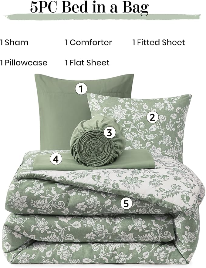 Twin XL Comforter Set -5 Pieces Floral Grey Green Bedding Set for All Seasons, Bed in a Bag with Botanical Flowers Comforter, Sheets, Pillowcase & Sham