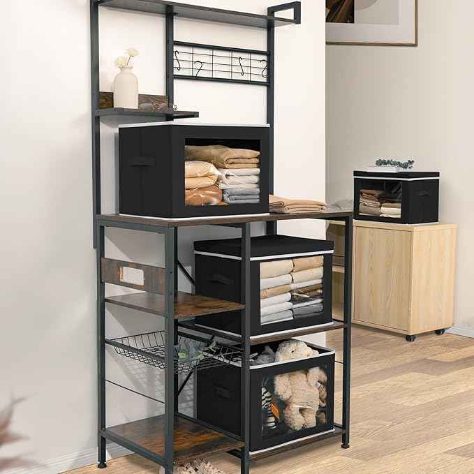 Storage Bins with Lids, 3 Pack Large Storage Cubes with Window, Closet Bins with Lids & Handles, Fabric Box for Organizing Clothes, Towels, Books, Black