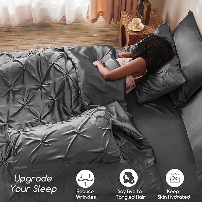 MR&HM Satin Comforter King 7 Pieces - Luxurious Pinch Pleat Bedding Set with Comforter, Flat Sheet, Fitted Sheet, Pillowcases & Shams, Super Silky Soft Bed Set for All Season (King, Dark Grey)