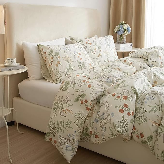Vintage Floral Comforter Set Full Garden Style Flower Leaves Botanical Bedding Comforter with 2 Pillowcases Fluffy Soft Girls Cottagecore Bedding Set Aesthetic Flower Comforter Set for All Season