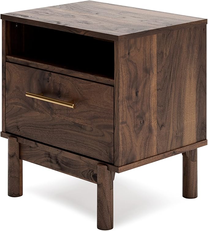 Signature Design by Ashley Calverson Modern 1 Drawer Nightstand with Open Cubby, 21.18" Tall, Dark Brown