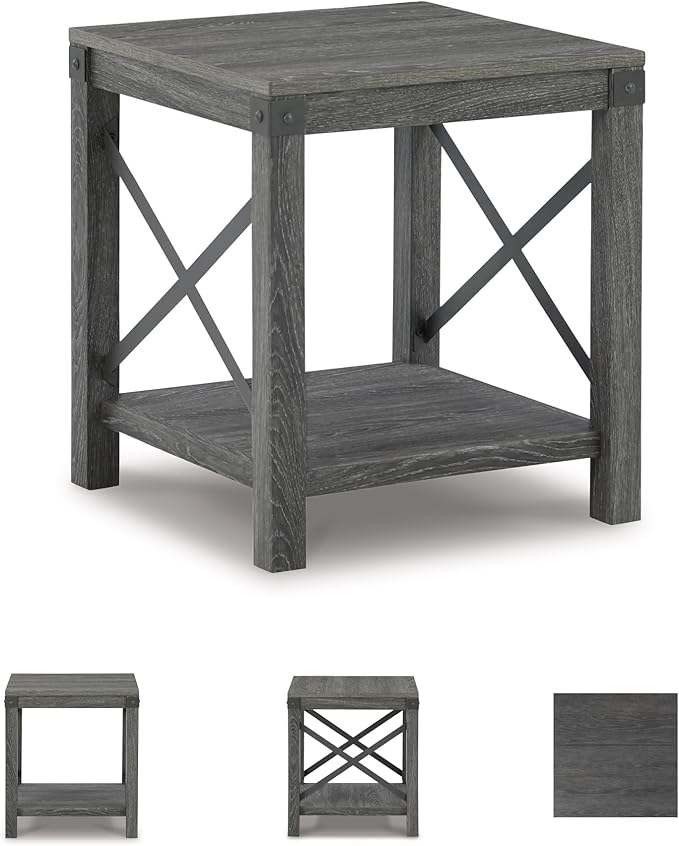 Signature Design by Ashley Freedan Rustic Square Farmhouse End Table, Wood, Metal Crossbuck Accents, Lower Display Shelf, 22.63" High, Gray