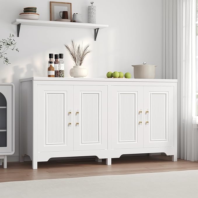 55'' Buffet Cabinet with Storage, Modern Fluted Door Design Sideboard Buffet Cabinet with Storage and Adjustable Shelf, Coffee Bar Station for Kitchen, Dining Room, Pure White
