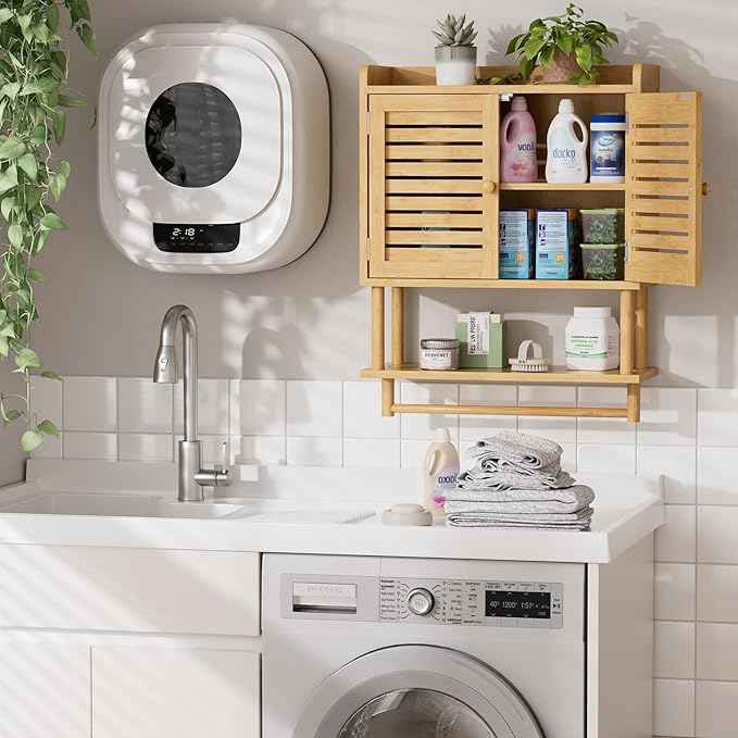 AmazerBath Bathroom Wall Cabinets, Large Bamboo Medicine Cabinets with Towel Bar, Hanging Over Toilet Storage Organizer Cabinet with Adjustable Shelves for Small Spaces, 8.3x21.3x26.6 Inches