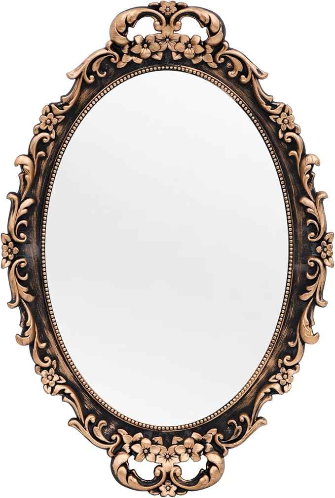 Vintage Decorative Gold Framed Mirror, Wall Hanging Mirrors & Tabletop Tray for Bedroom Living Room Dresser Decor, Oval- 9.6" W x 14.3" L (Bronze)