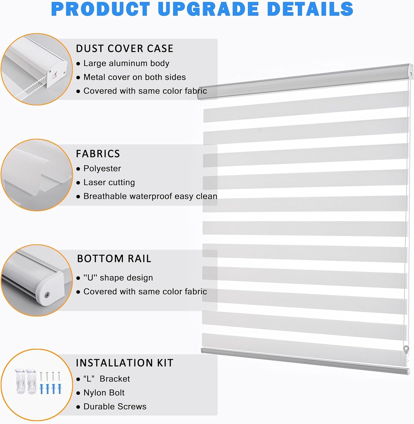Zebra Roller Shades, Dual Layer Roll Up Blind for Living Room, Semi Sheer Shades Window Privacy Light Control for Day and Night, (Maximum Height 72inch, White Color, Width 38 inch)