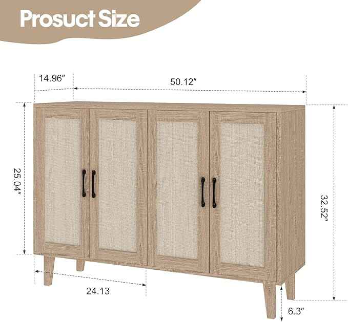 Panana Buffet Storage Cabinet with Rattan Decorating 4 Doors Living Room Kitchen Sideboard 48.43 x 34.65 x 15 inch (Natural Wood)