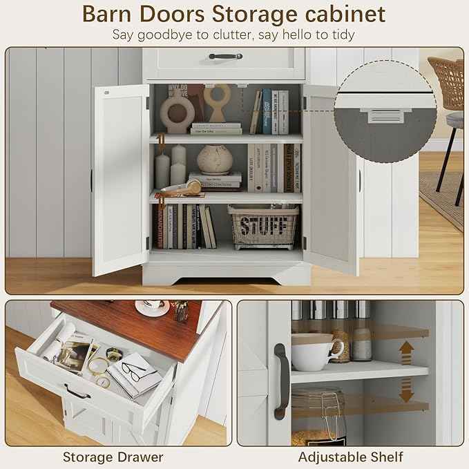 Vabches 68" Farmhouse Storage Cabinet with LED Light & Charging Station, Tall Kitchen Pantry Storage Cabinet with Storage Drawers, Coffee Bar with Hutch for Home Dining Living Room, Rustic White