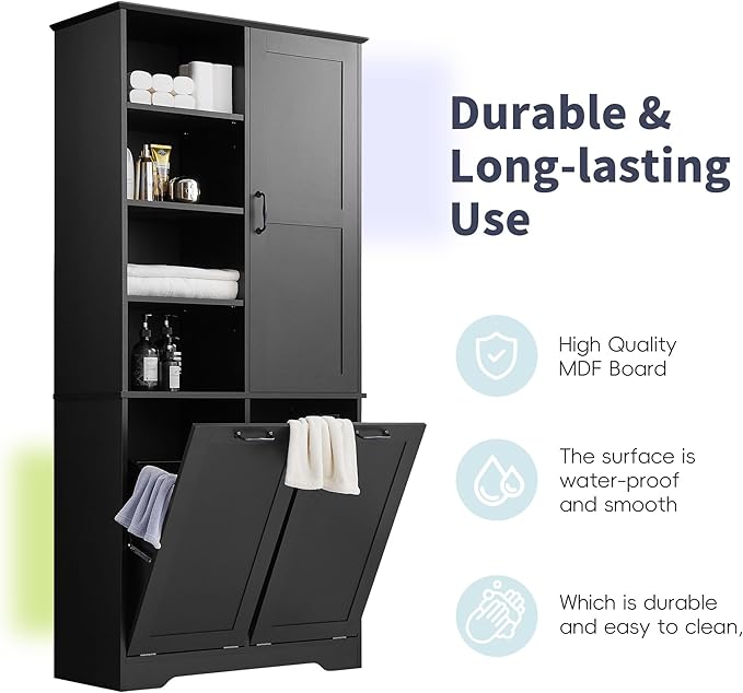 68" Tall Bathroom Storage Cabinet with Two Doors and Two Laundry Hampers for Home Display Organizer, Adjustable Shelf, Black